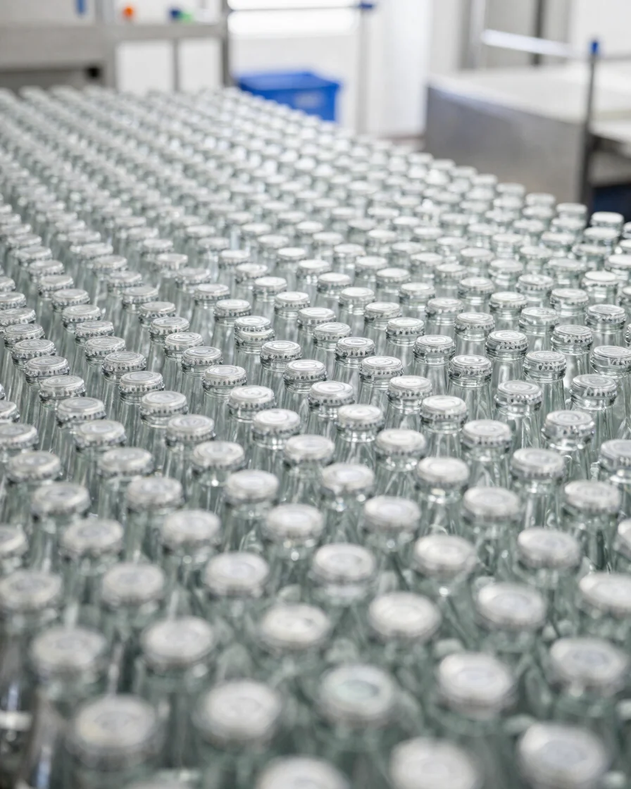 Orderly view of a bottling area with neat stacks of empty clean bottles and a cool neutral workspace, bright diffused da