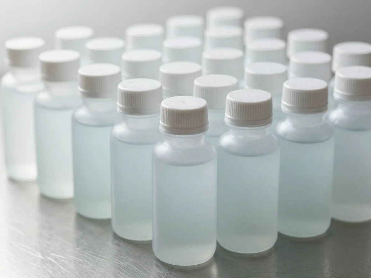 Clean editorial close-up of rows of sealed bottles on a neutral stainless surface under bright diffused daylight, cool m