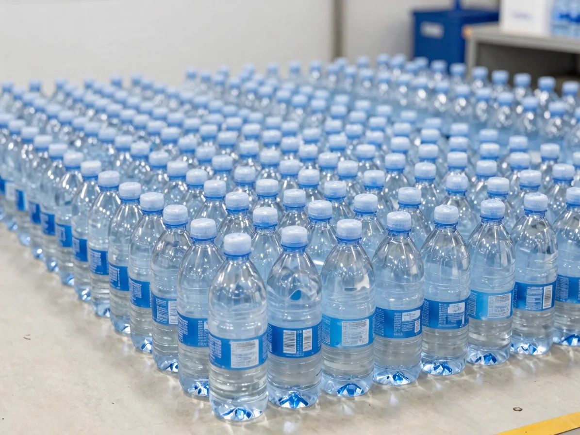 Orderly environmental wide of bottled water packaging readied for dispatch on a clean industrial floor, bright diffused