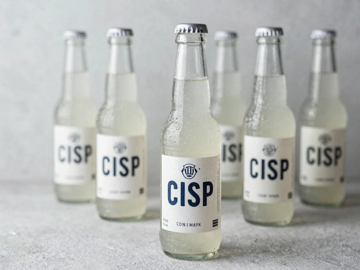 Crisp close-up of soft drink bottles in neutral packaging on a cool grey surface, bright even studio light, clean compos