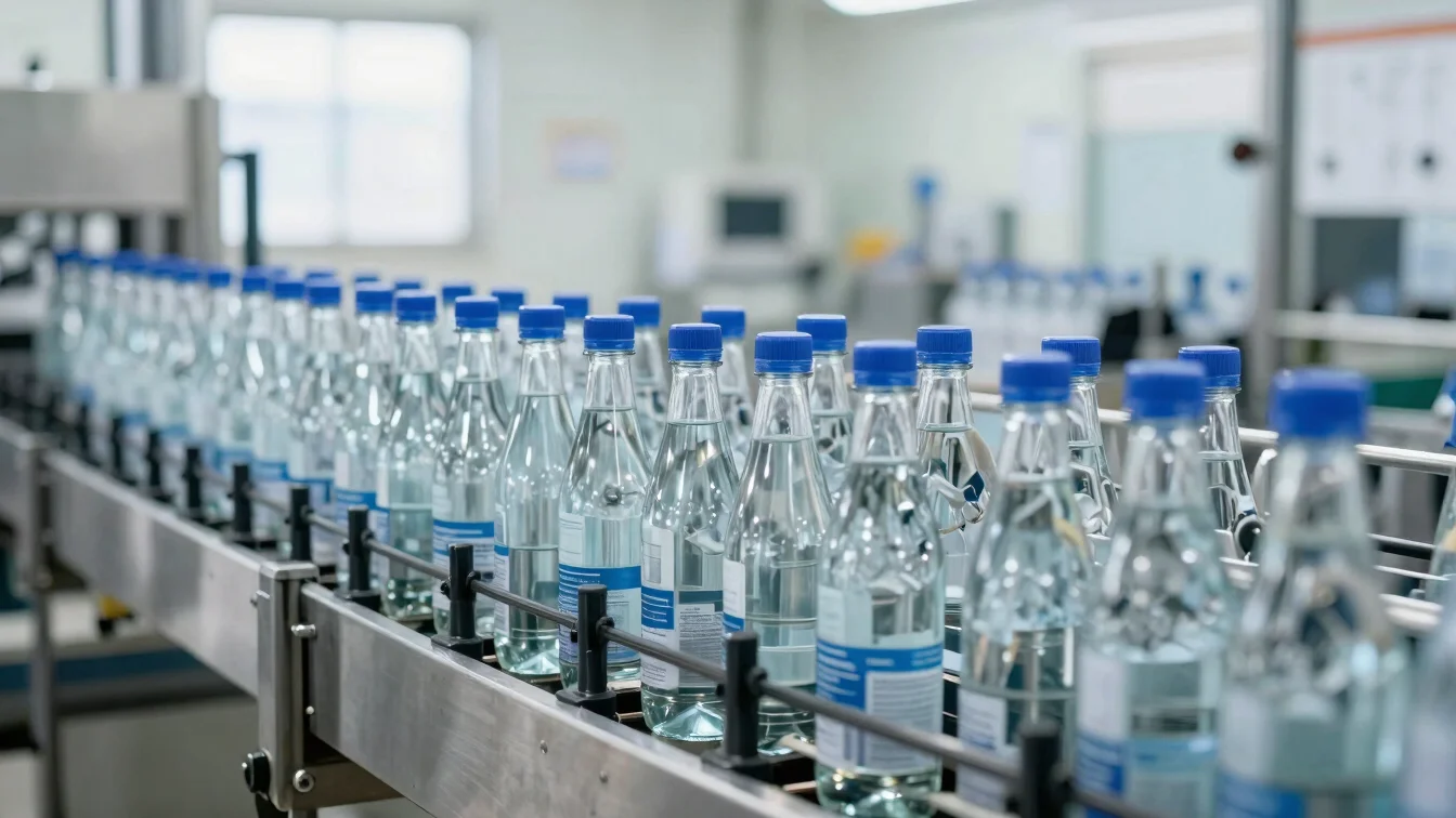 Orderly panoramic wide of a bottling line's packaging area with bottles moving in clean sequence, bright diffused daylig