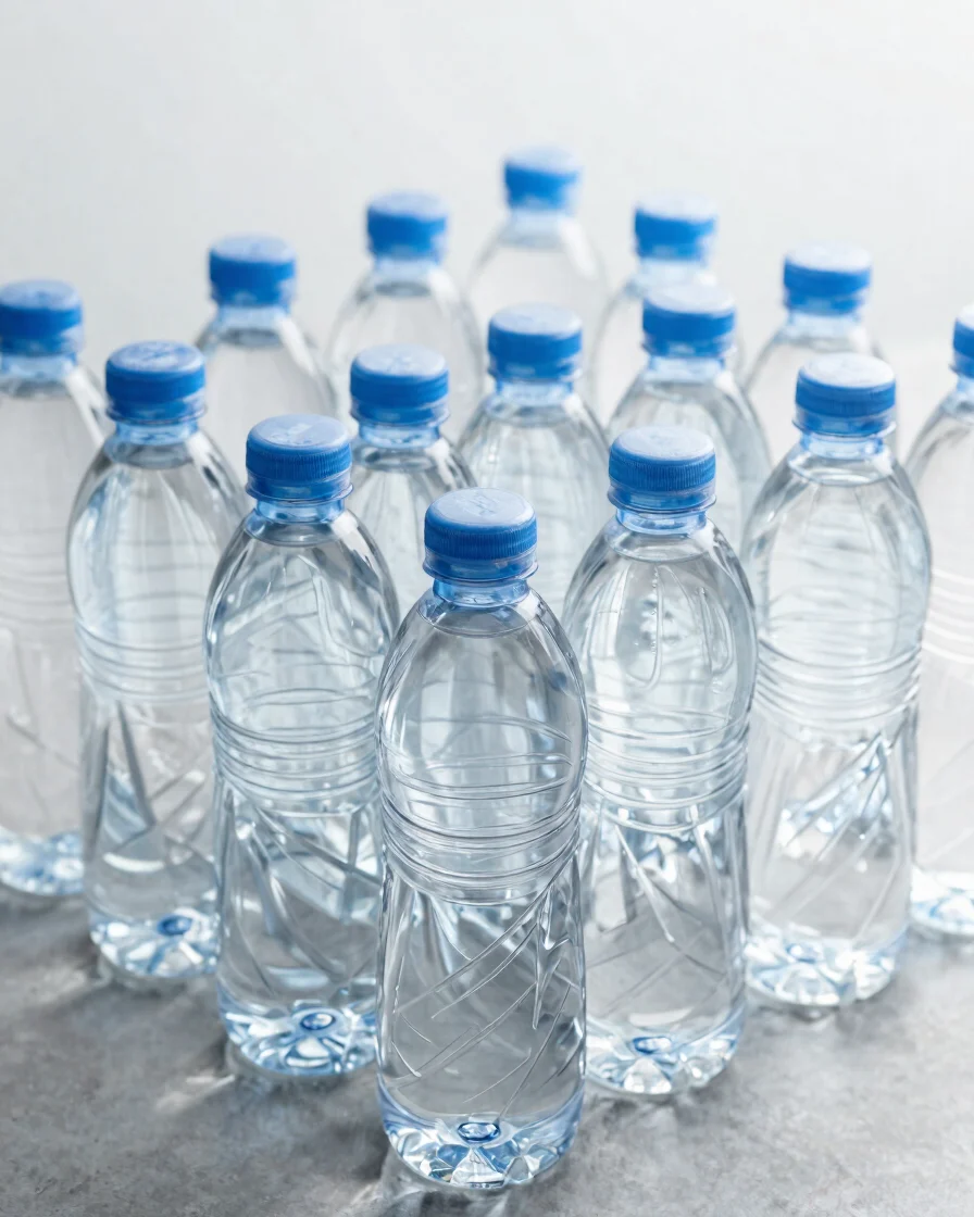 Clean editorial close-up of neatly arranged bottled water and soft-drink bottles on a cool mineral-grey surface, bright