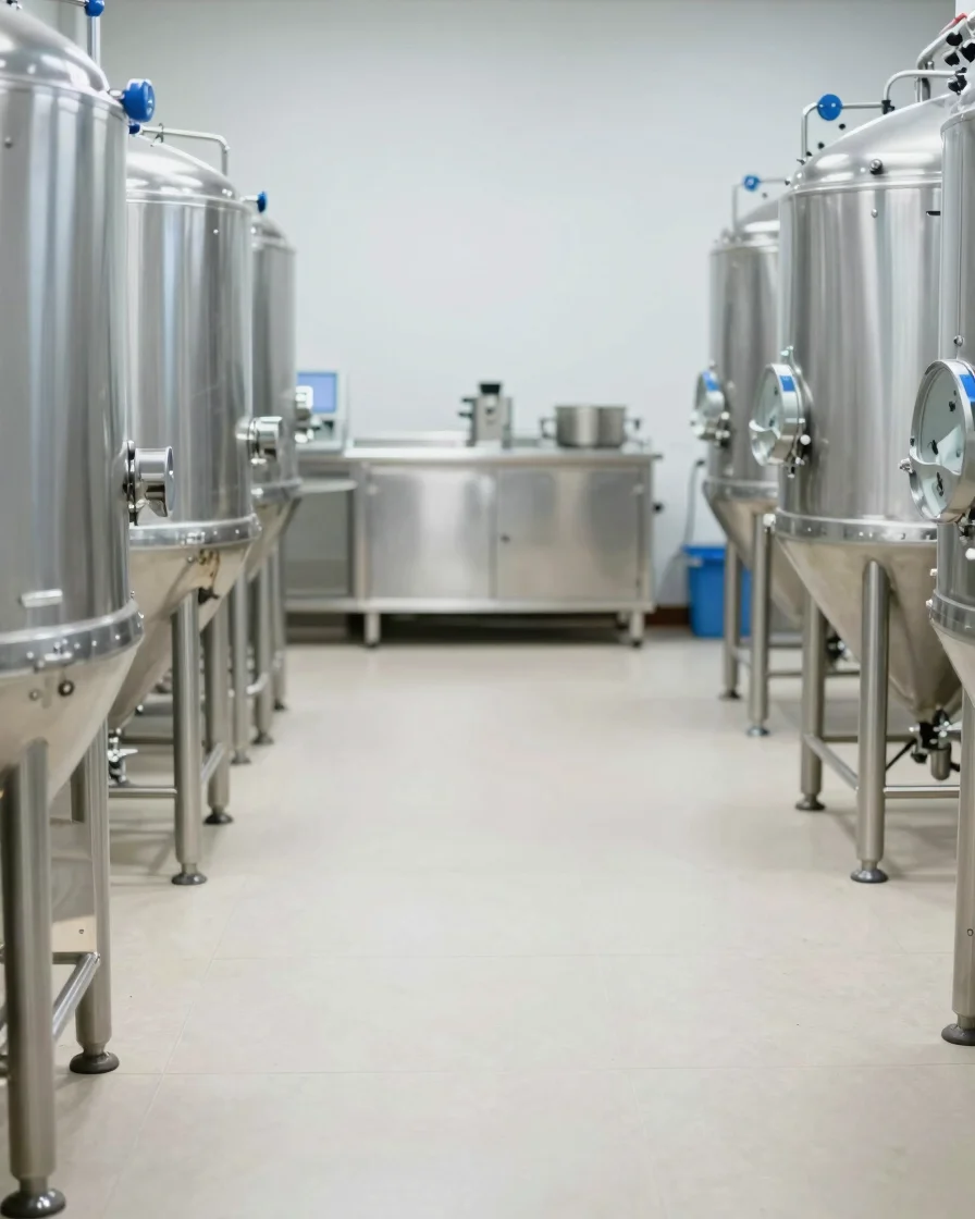 Orderly, wide view of a clean beverage production area with neutral stainless surfaces and open floor space, bright diff