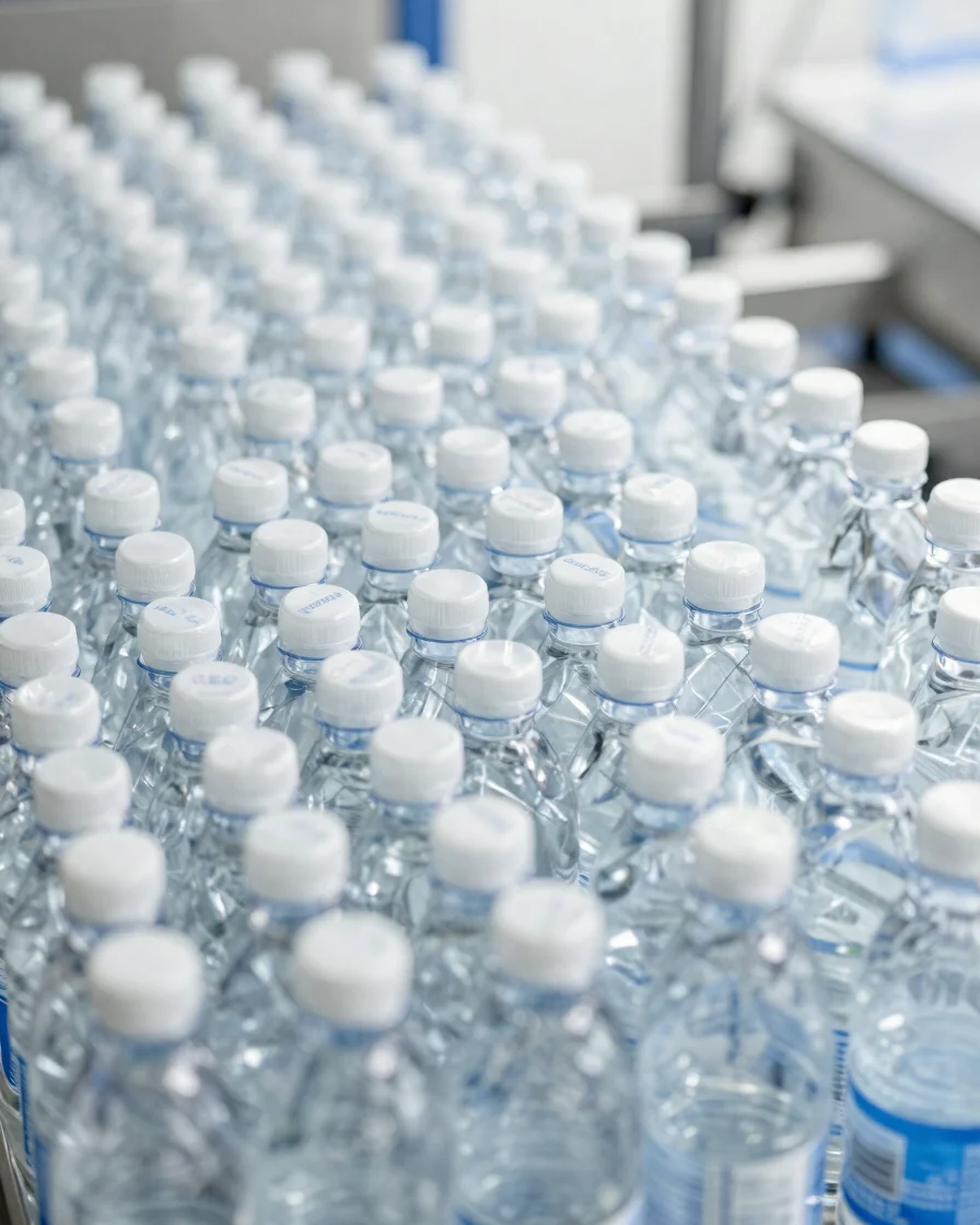 Clean editorial photograph of orderly rows of bottled water and soft drink bottles on a cool mineral-toned production li